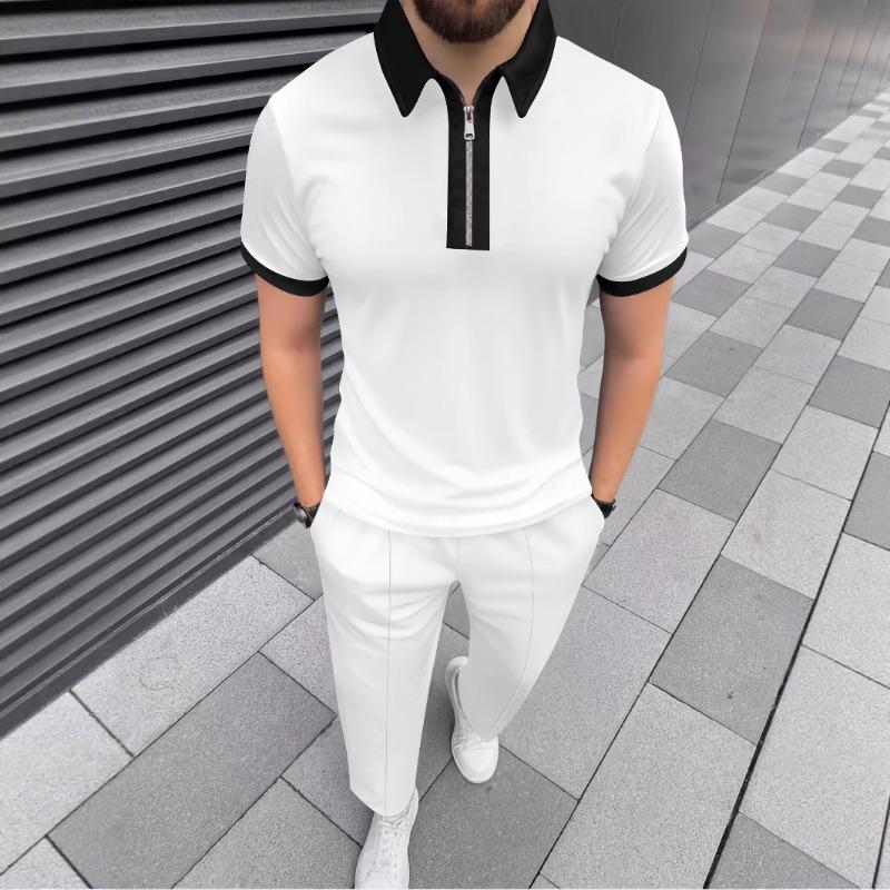 Mens Contrast Collar Zipper Placket Short Sleeve Polo Shirt & Pants Set S белый