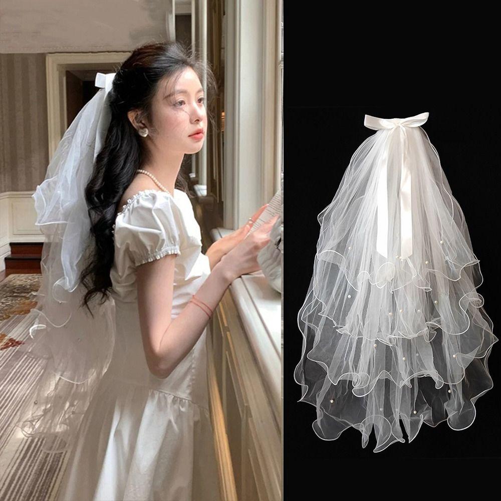 Pearl Bow Ribbon Wedding Veils Four-layer Bride Head Gauze Elegant Bridal Veil  Bride Accessories