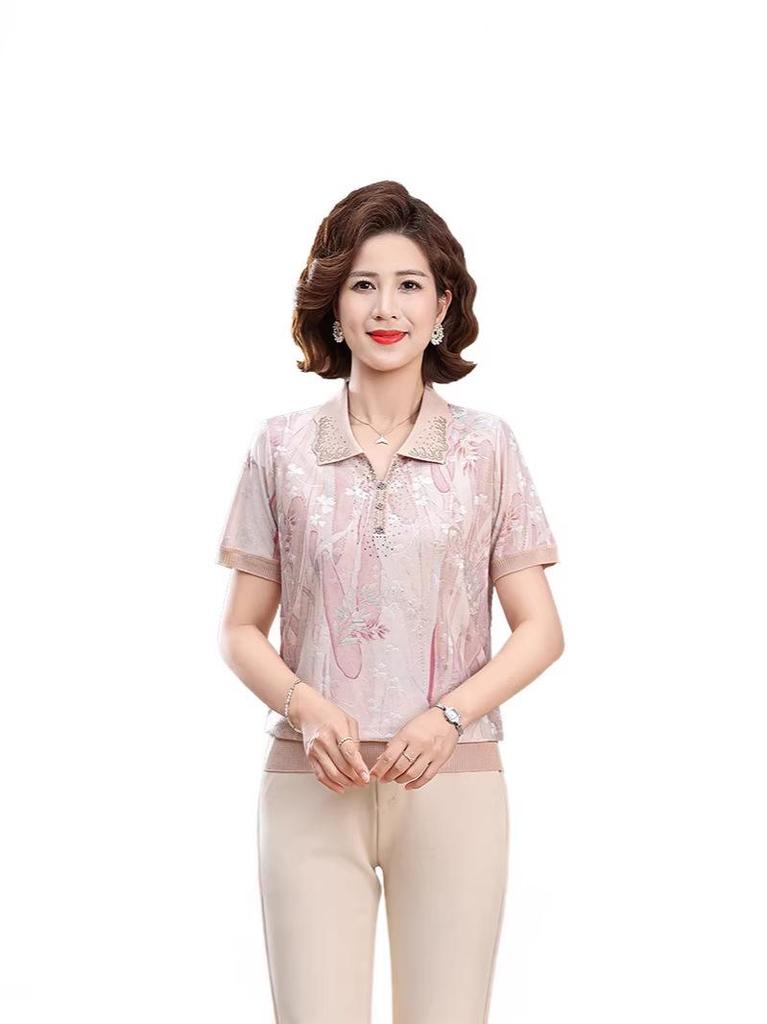 2026 Spring/Summer Ice Silk T-Shirt for Middle-Aged & Elderly Women - Stylish, Lightweight, and Comfortable