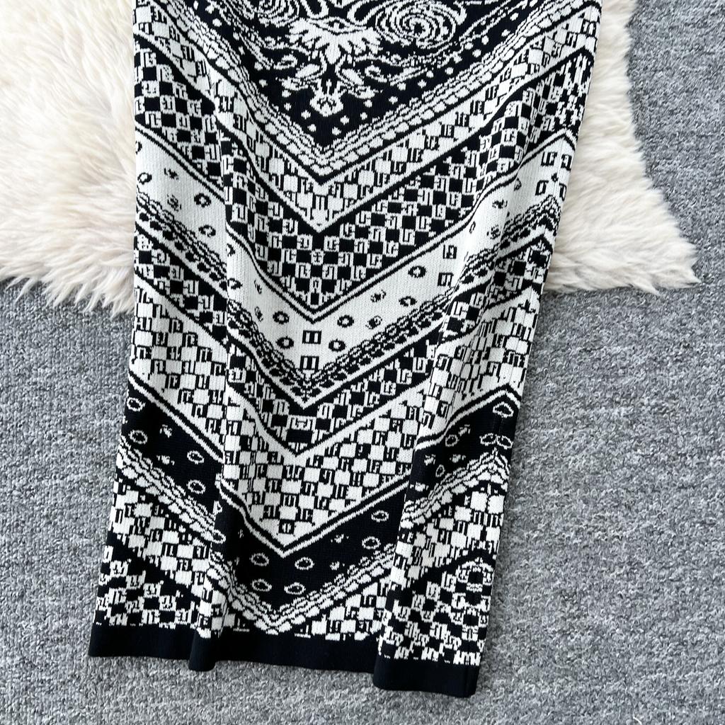 Letní dámský vintage barokní potisk přehlídkový dvoudílný set pletený svetr pulovr tílko topy a bodycon pouzdrová sukně outfity