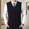Yousheng Men Vest Sweater V Neck Sleeveless Slim Fit Solid Color Knitted Pullover Slim Fit Mid Length Thickened Business Style Sweater