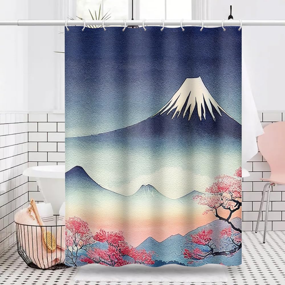 Mount Fuji Shower Curtain Japan Famous Landscape Cherry Flower Mountains Abstract Scenery Shower Curtains For Bathroom