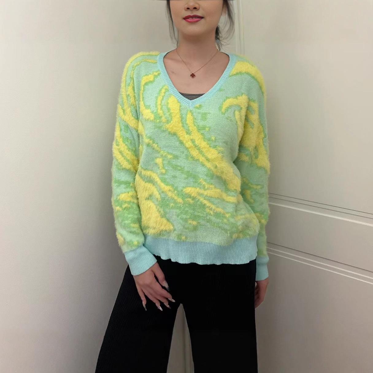 

Женский европейский и американский жаккардовый свитер из кашемира норки - Пуловер с круглым вырезом и длинным рукавом для осени и зимы One Size зелёный