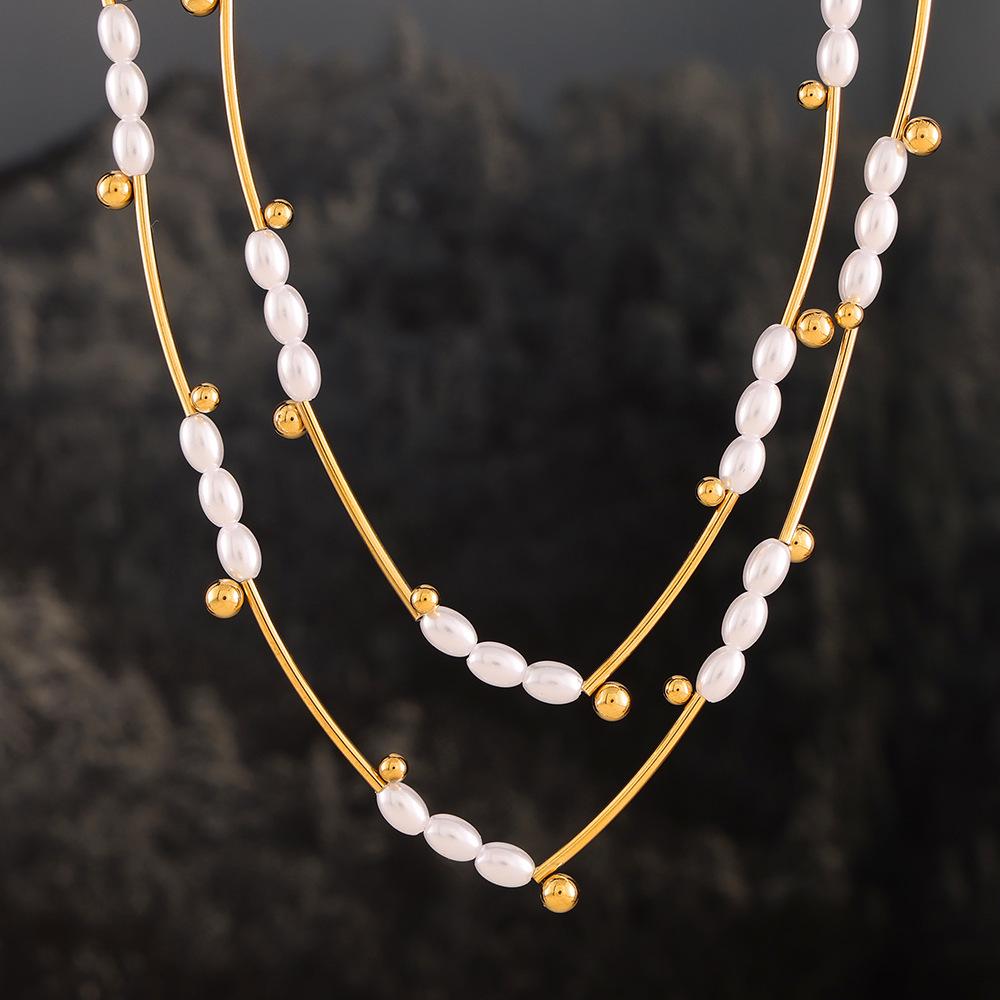Baroque Pearl Tube Spacer Bead Clavicle Necklace in 18K Gold-Plated Titanium Steel