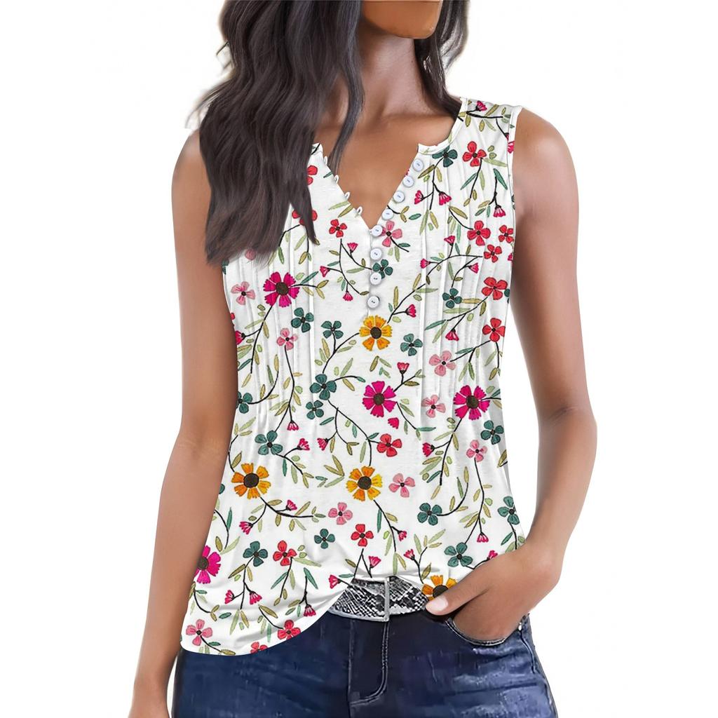 Cămașă casual largă plisată cu flori și plante pentru femei, cu guler în V și nasturi, tricou, cămașă, vestă fără mâneci