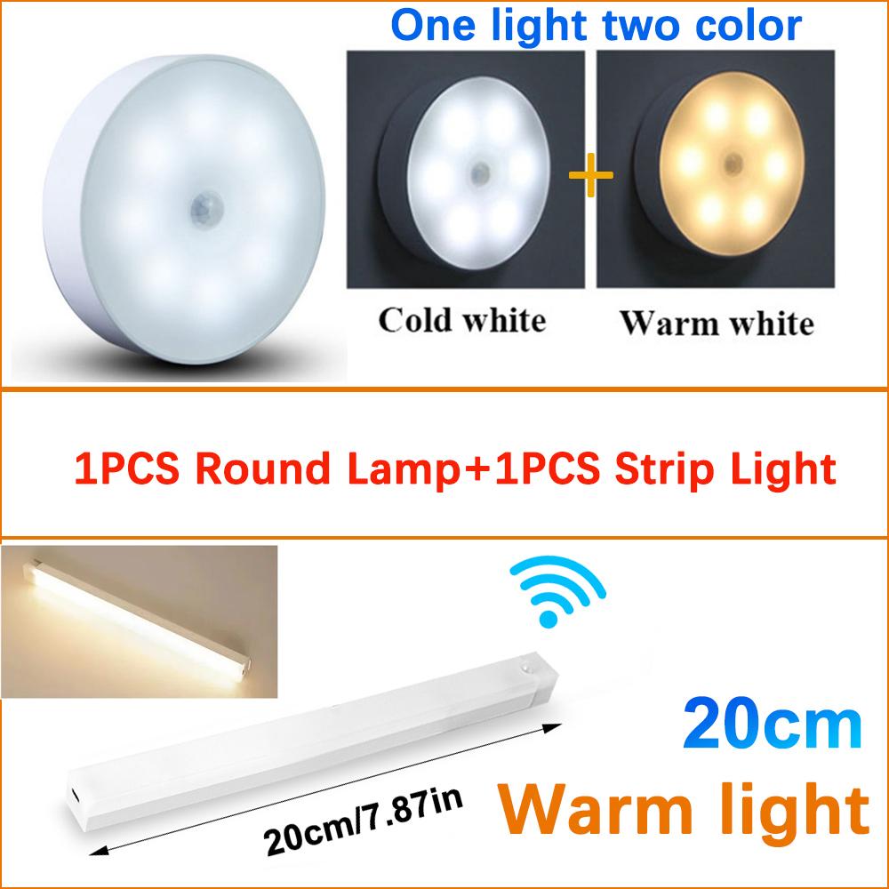 

Round Chargeable Lamp And Rectangular Light USB Rechargeable Motion Sensor LED Cabinet Light For Home Corridor Stairs Kitchen Bedroom Detector Light 20cm Warm+Two color Light