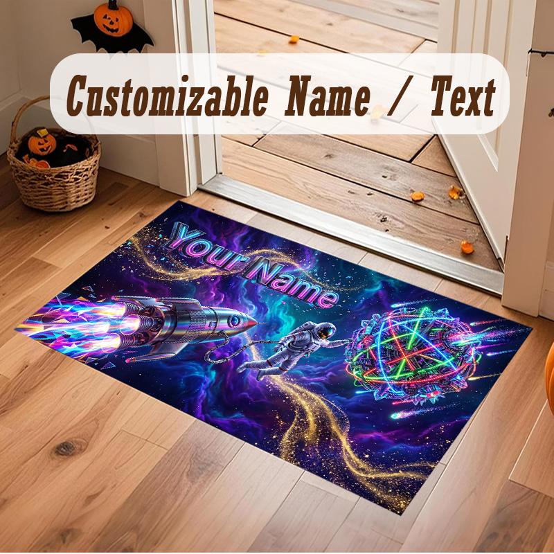 Astronaut Space Theme Soft Crystal Velvet Rug Custom Name & Text Print Non Slip Floor Rug for Bedroom Living Room