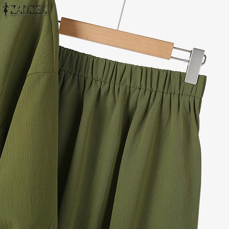 ZANZEA Women Summer Round Neck Long Sleeve Tie Blouse A-Line Skirt Sets