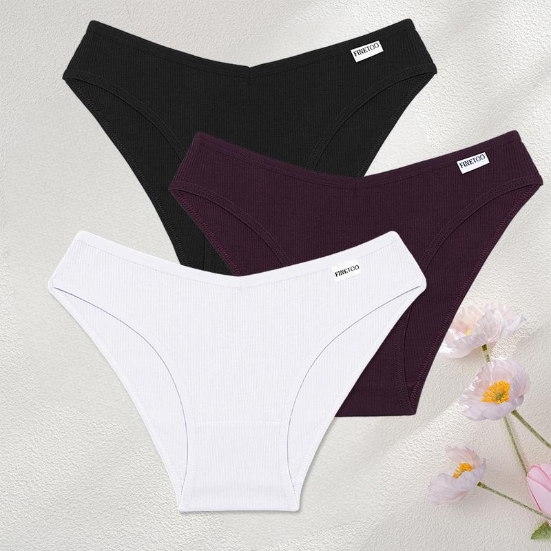 FINETOO 3Pcs/Set Sexy Low Waist Cotton Panties M-3XL Ribbed Breathable Briefs Underwear for Women Gym Fitness Casual Lingerie