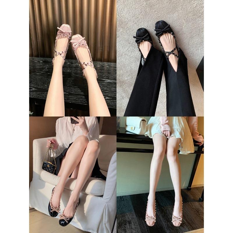 Sheepskin version cross strap Mary Jane shoes women's bow rivet round head flat ballet style single shoes