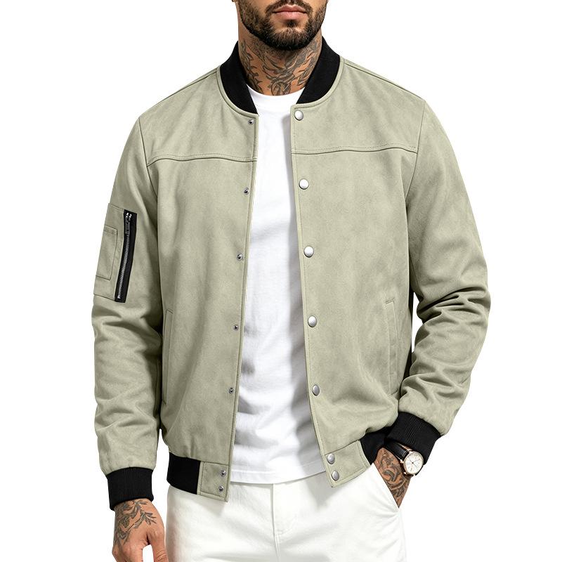 Men S Suede Flight Jacket Casual Loose Long Sleeve Workwear Baseball Coat