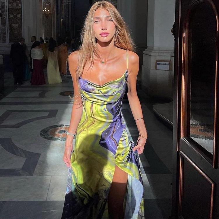 Elegant Sexy Backless Long Maxi Dress Women Spaghetti Strap Slit Draped Print Club Party