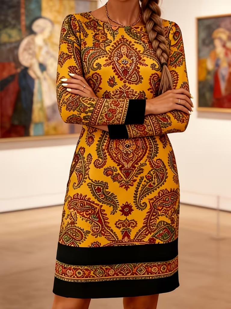 Women's printed round-neck oversized dress, comfortable fall/winter pullover shirt,Long-sleeved and fitted dress