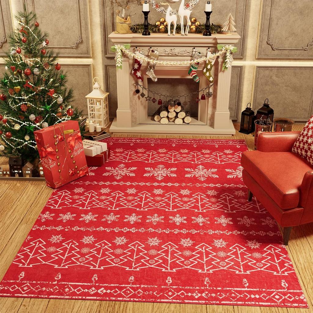 Roter Bereichsteppich Weihnachten Wohnzimmer Teppich Schneeflocke Küchenmatte Feiertagsdeko Eingang Fußmatte Innen Dekorativer Überwurf