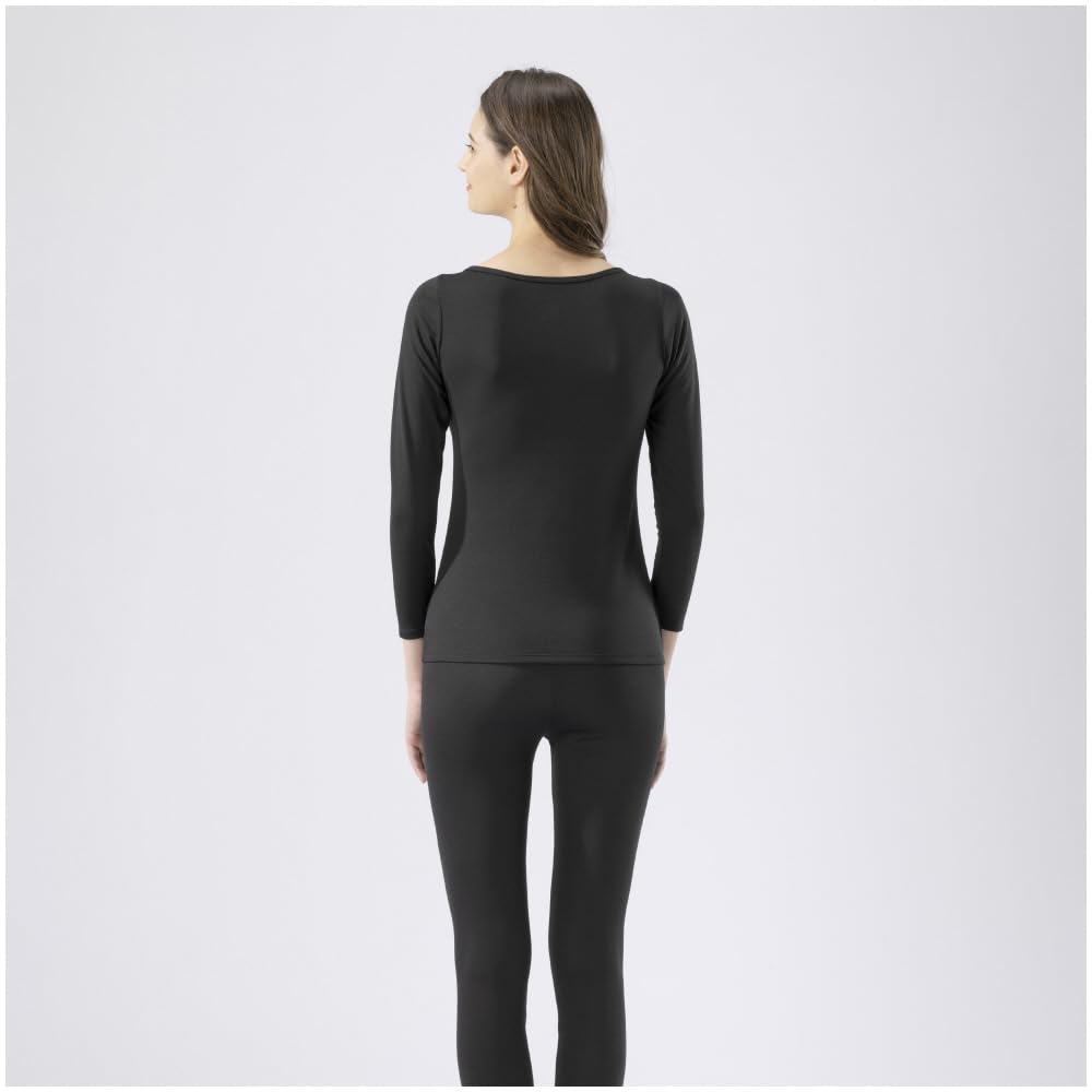 Mizuno Breath Thermo for Daily Round Neck Sleeve Size S Underwear, Heat-Generating Innerwear, Thin, Use, 3/4 Shirt, Women's, Black, (C2JAA811)