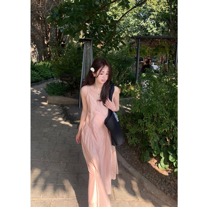 Romantic Pink V-neck Fairy Camisole Dress with Waist-cinching Slimming Long Skirt