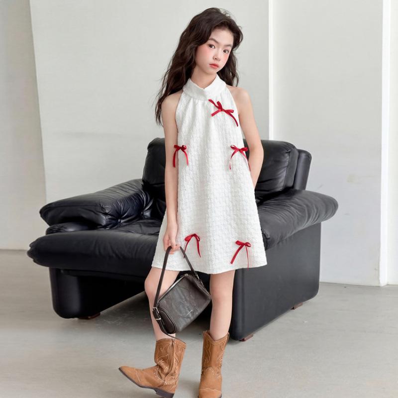 Girls Sweet Halter Neck Bow Dress - Summer 2026 Sleeveless Princess Style 170 cm