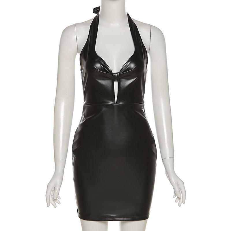2024 Autumn European & American Style Women's Sexy Halter Neck Backless Slim PU Dress