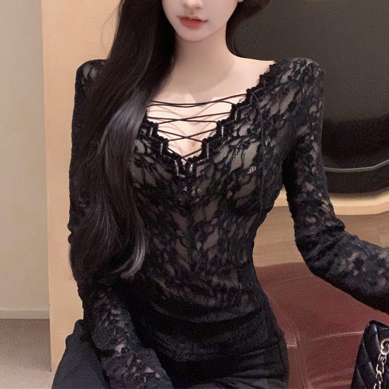 Women Clothing Sexy Hollow Lace Bandage Deep V Neck Basic T Shirt Korean Female Sweet Black Long Sleeve Skinny Club Cropped Tops