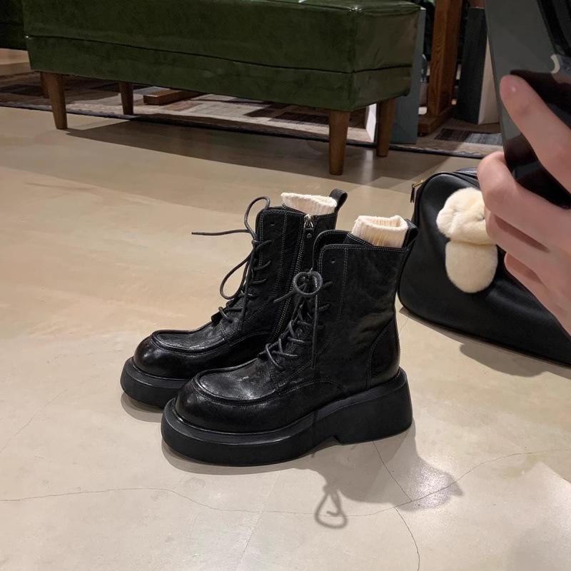 

Shoe Shrinkage Horse Leather Height Raised Coarse Heel Platform Sole Lace-Up Side Zipper Martin Boots 35 чорний