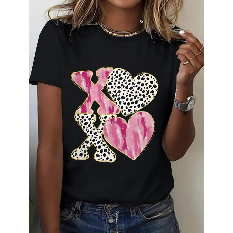 

European Size Women s Valentine s Day XOXO Heart Print T-Shirt - Pink Leopard Gradient Cute Love Letter Short Sleeve 4XL