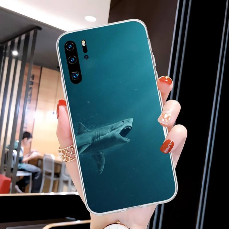 Cool Scary Shark Phone Case For Huawei P50 P40 P30 Pro Mate 40 30 Pro Nova 8 8i Y7P Honor Transparent Phone Cover