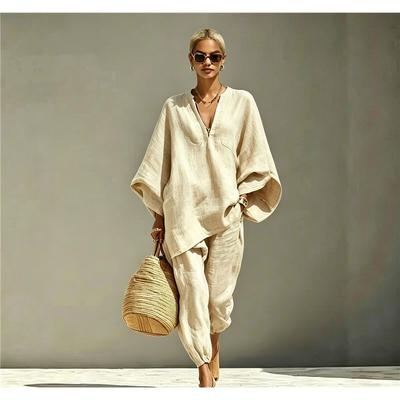 Women Linen 2 Piece Outfit V Neck Batwing Sleeve Oversized Shirt Harem Pants Loose Casual Matching Set