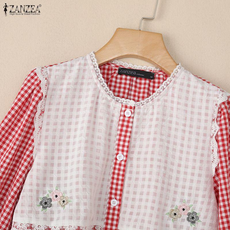 ZANZEA Women Casual Patchwork Round Neck Loose Long Sleeve Plaid Blouse
