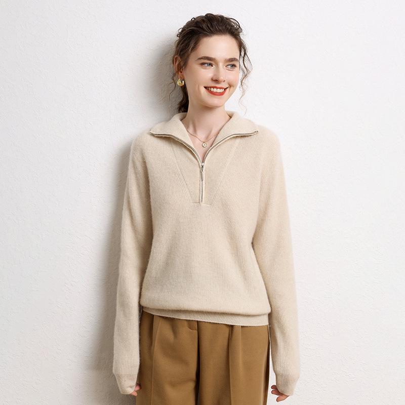 Women's Cashmere Bobble Stitch Half-High Collar Zipper Cardigan
