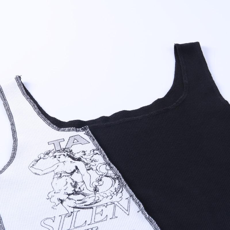 Punk Style Patchwork Tank Tops Aesthetic Letter And Graphic Print Women Crop Top Color Blocking Sleeveless Streetwea