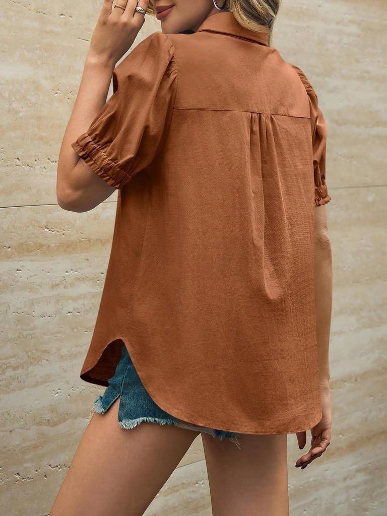 Women's Puff Short Sleeve Button Down Shirt Collared V Neck Linen Work Blouse