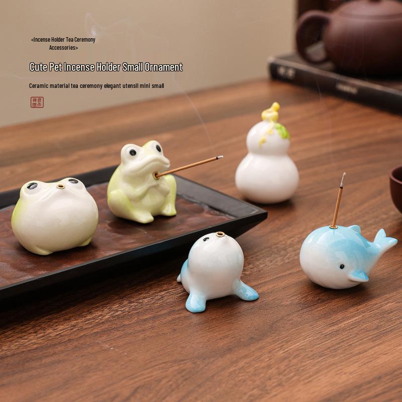 Cute Ceramic Cartoon Animal Incense Holders: Frog, Dolphin, Walrus, Gourd – Fun Desktop Decor
