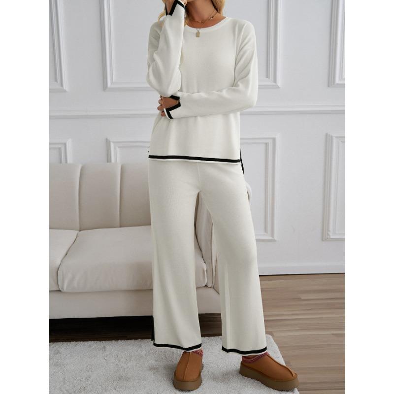 Women's Color Block Long Pants Round Neck Long Sleeve Loungewear Set