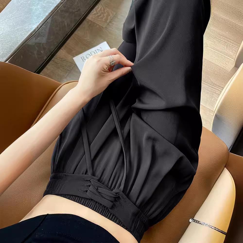 

Женские брюки с широкими штанинами и высокой талией: Весенне-осенний драпированный, летний на бретелях, повседневный костюм в пол. Large чёрный