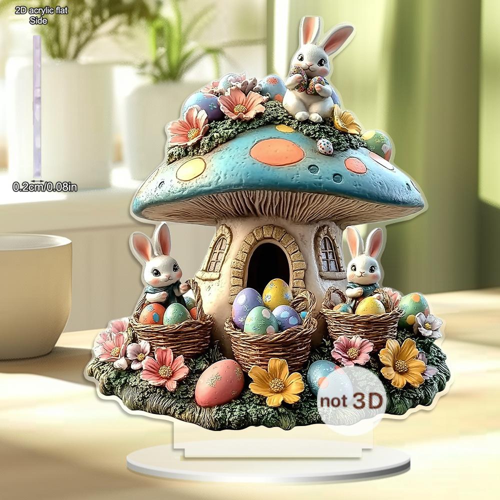 2D Flat, Easter Cute Rabbit Mushroom House Acrylic Desktop Decoration, with Base, Suitable for wall decoration, porch, room, villa, accents Home, Hall