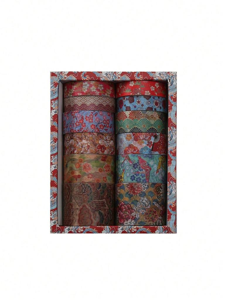 12 rolls/box Retro Landscape Washi Tape Creative Floral Mountain Crane Design Sticker Rolls Scrapbook Gift Wrapping