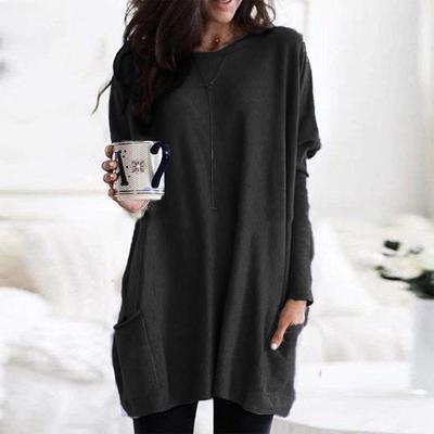 Damtunikatoppar med lång ärm och ficka Blus Dam Ledig Lös Jumper Pullover Plus Size Kläder för Kvinna