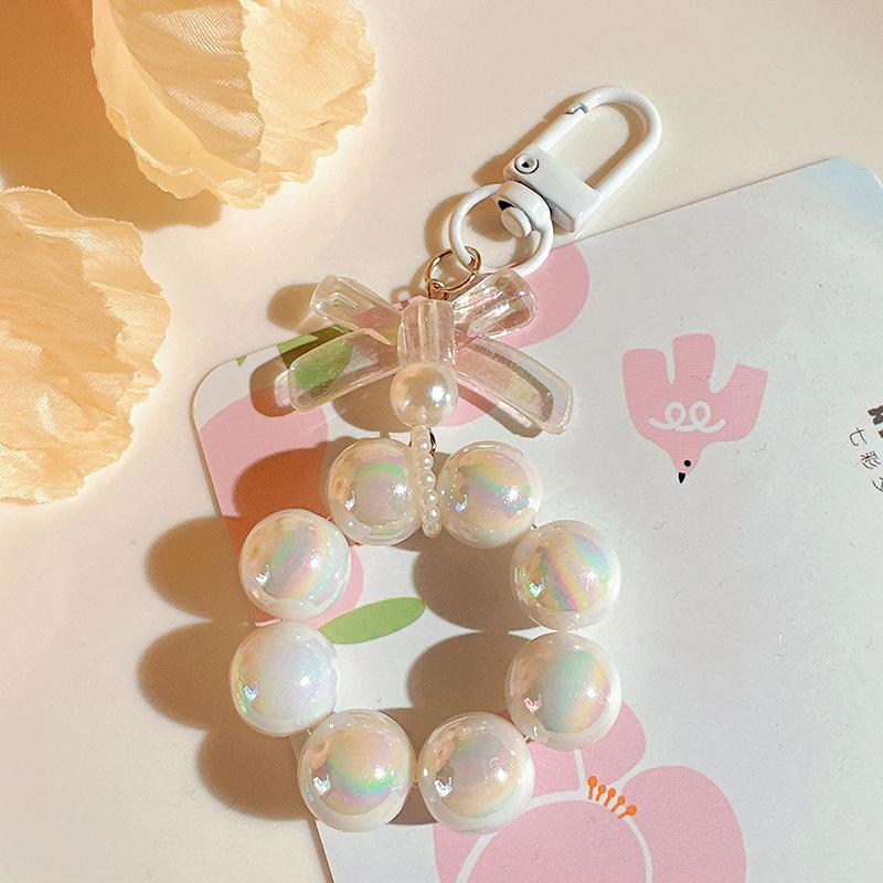 Plastic Fashion Beaded Bow Keychain Exquisite Candy Color Pearl Keyring Creative Shiny Bows Beaded Pendant Girls