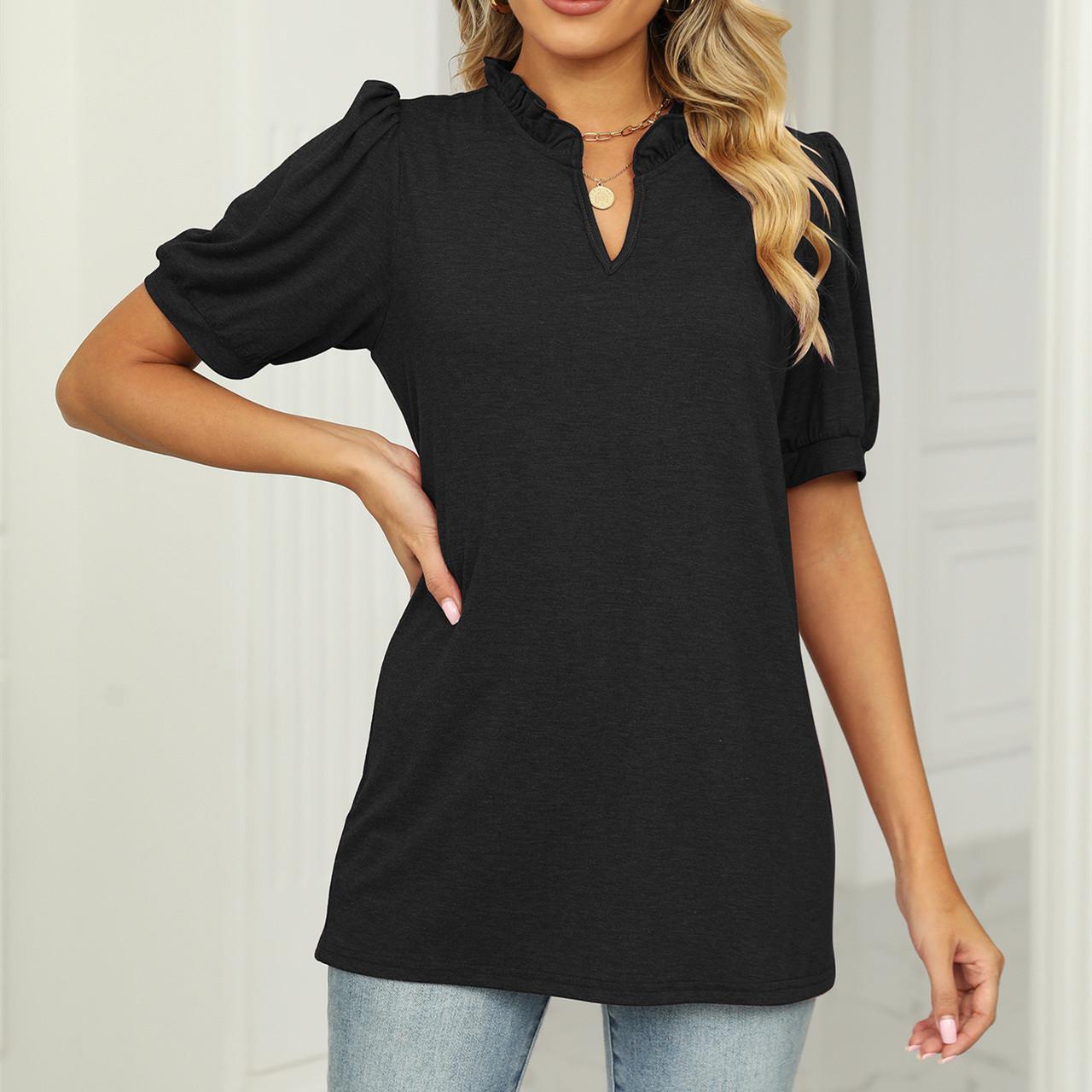 

GMXIA Женские модные повседневные однотонные блузки и рубашки с короткими рукавами и v-образным вырезом с принтом XXL чёрный