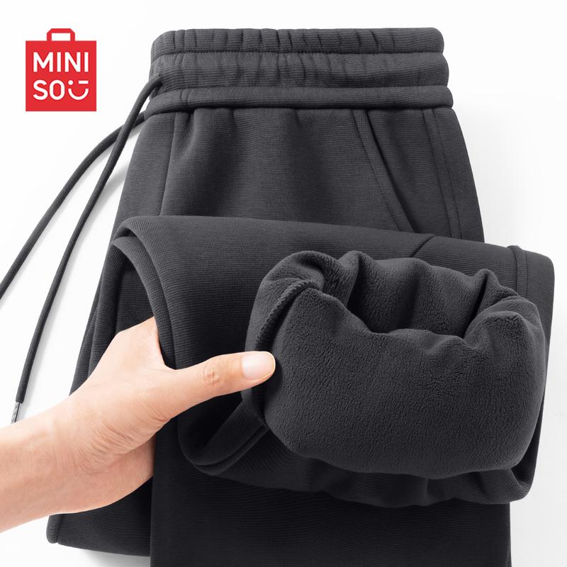 MINISO Men's Autumn/Winter Plush-Lined Curved Leg Drawstring Casual Pants