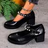 2025 Plus Size Women's Mary Jane High Heels Round Toe String Bead Buckle Strap Chunky Heel Pumps for Retro Office & Career Shoes