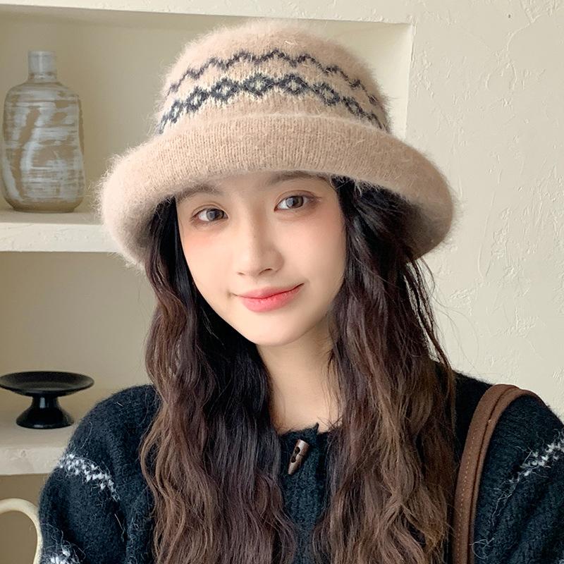 Jacquard Curled Fisherman Hat Women's Winter Windproof Retro Fashion Versatile Warm Ear Protection Knitted Basin Hat