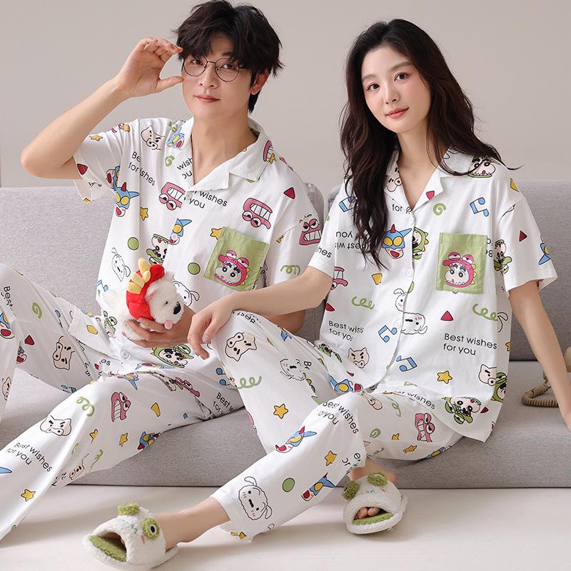 Paar Schlafanzug Strickjacke Reine Baumwolle Herren- Und Damen-Kurzarmhose Revers Loungewear Baumwollanzug Cartoon Niedlich