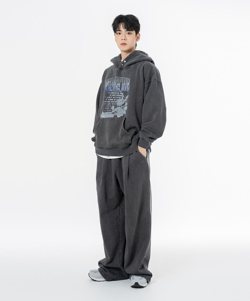 MOZMOZ Terry Brushed Pigment Wide One-Pleat String Training Pants Charcoal