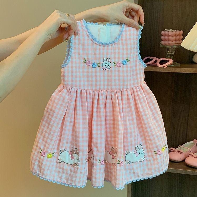 Sweet Plaid Sleeveless Dress For Baby Girls Cute Rabbit Pattern Princess Summer Vest Dress Toddler Kids Fashionable Outfit 90cm розовый