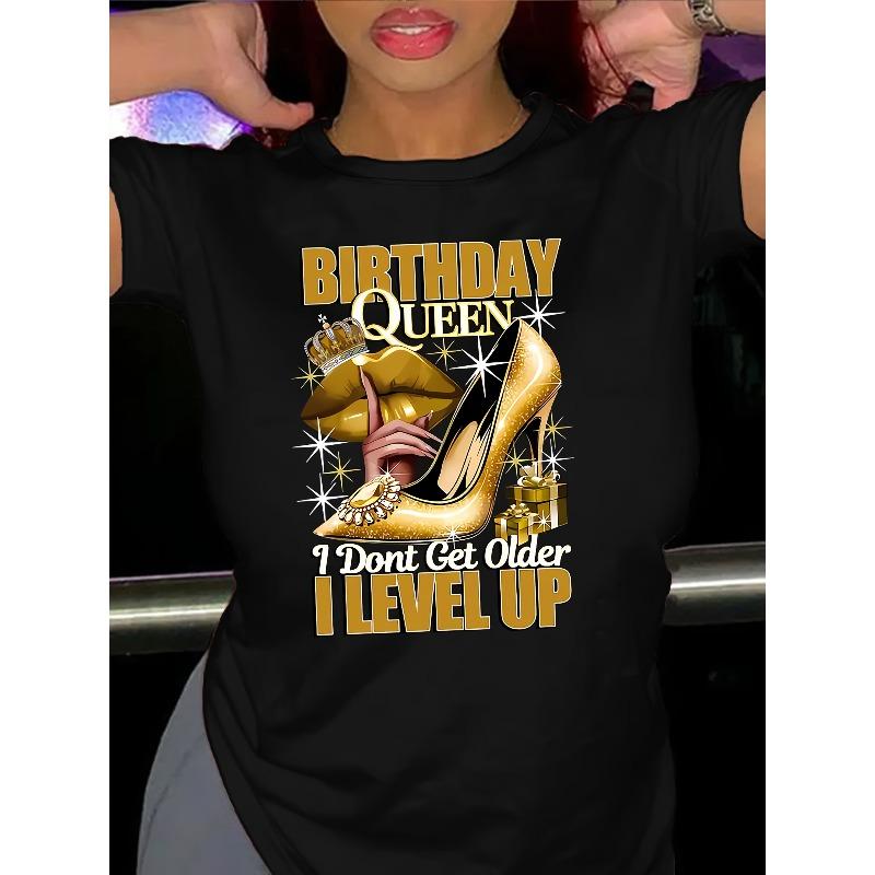 

European sizes Short-Sleeved Casual Top for Women with a Round Neck And a Birthday-Themed High Heel Print, Suitable for Spring And Summer 4XL чорний