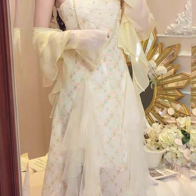 2026 Summer French Floral Lace Mesh Sling Dress - Beautiful Long Two-Piece Set