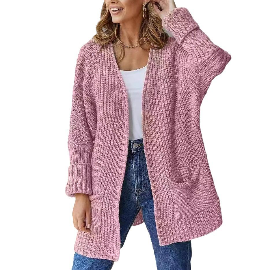 Sweater European and American pockets solid color loose sweater jacket lazy style fashion commute