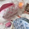 Chic Pink Bow & Floral Quilted Cosmetic Bag for Women Portable Polyester Makeup Organizer with Zipper Ideal for Lipstick & Travel Essentials