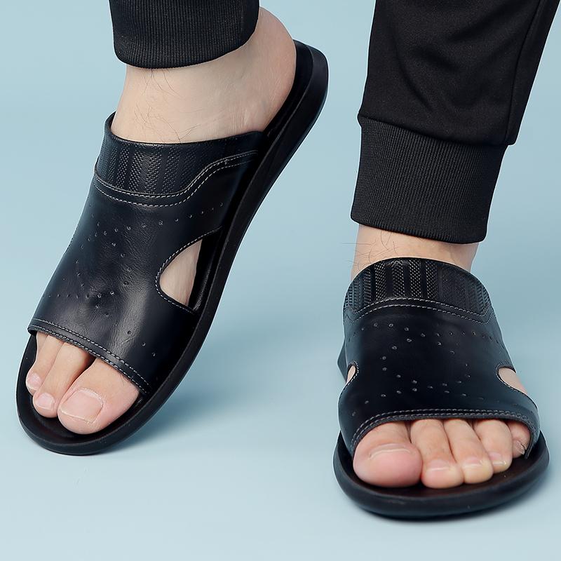Fashion Home Hotel Slipper Lightweight Summer Slippers Men's Luxury Leather Slippers Non-Slip Sole Comfortable Open-Toe Slide Sandals